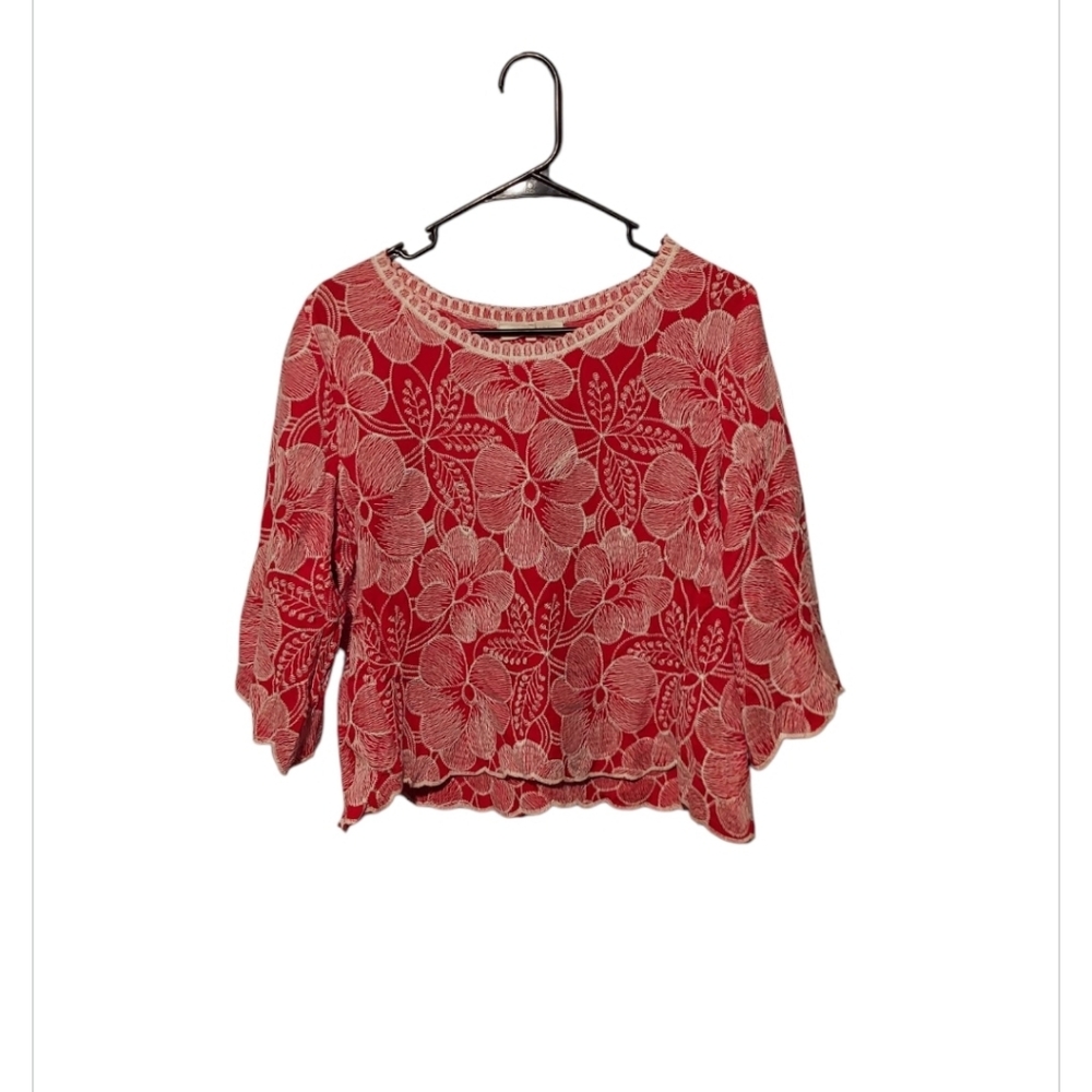Solitaire Floral Embroidered Boho Peasant Top Size Med Red Beach Preppy Garden